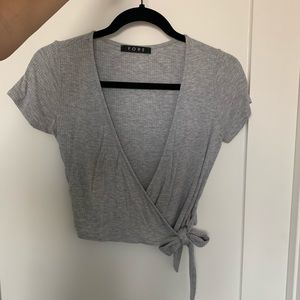 Fore Gray Ribbed Tied Wrap Crop Top